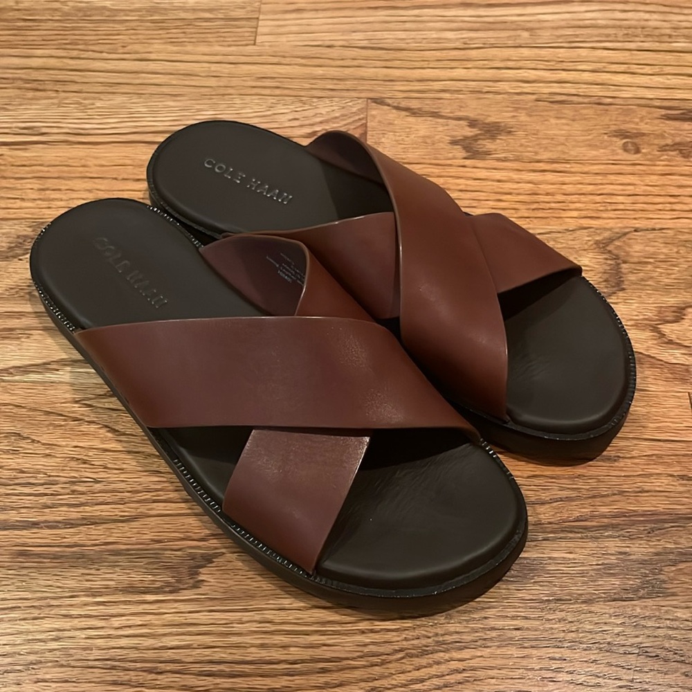 MENS COLE HAAN NANTUCKET CROSS STRAP SLIP-ON LEATHER DK BROWN SANDALS SZ 12 /13